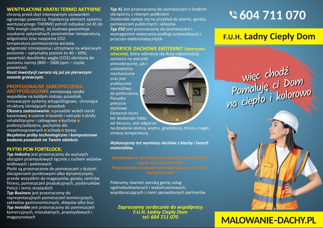 Reklama firmy budowlanej z dachem pokrytym szarym ekoternitem i uśmiechniętą kobietą w kasku i kamizelce odblaskowej wskazującą na tekst 'Pomaluję ci Dom na ciepło i kolorowo'.