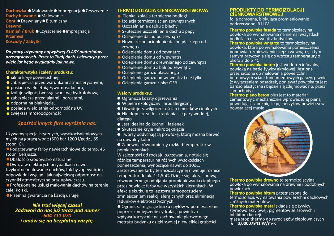 Prezentacja termoizolacyjnych powłok cienkowarstwowych, w tym produktów do fasad, wnętrz, betonu, drewna, bitumu i metalu, z opisem ich zalet i zastosowań.