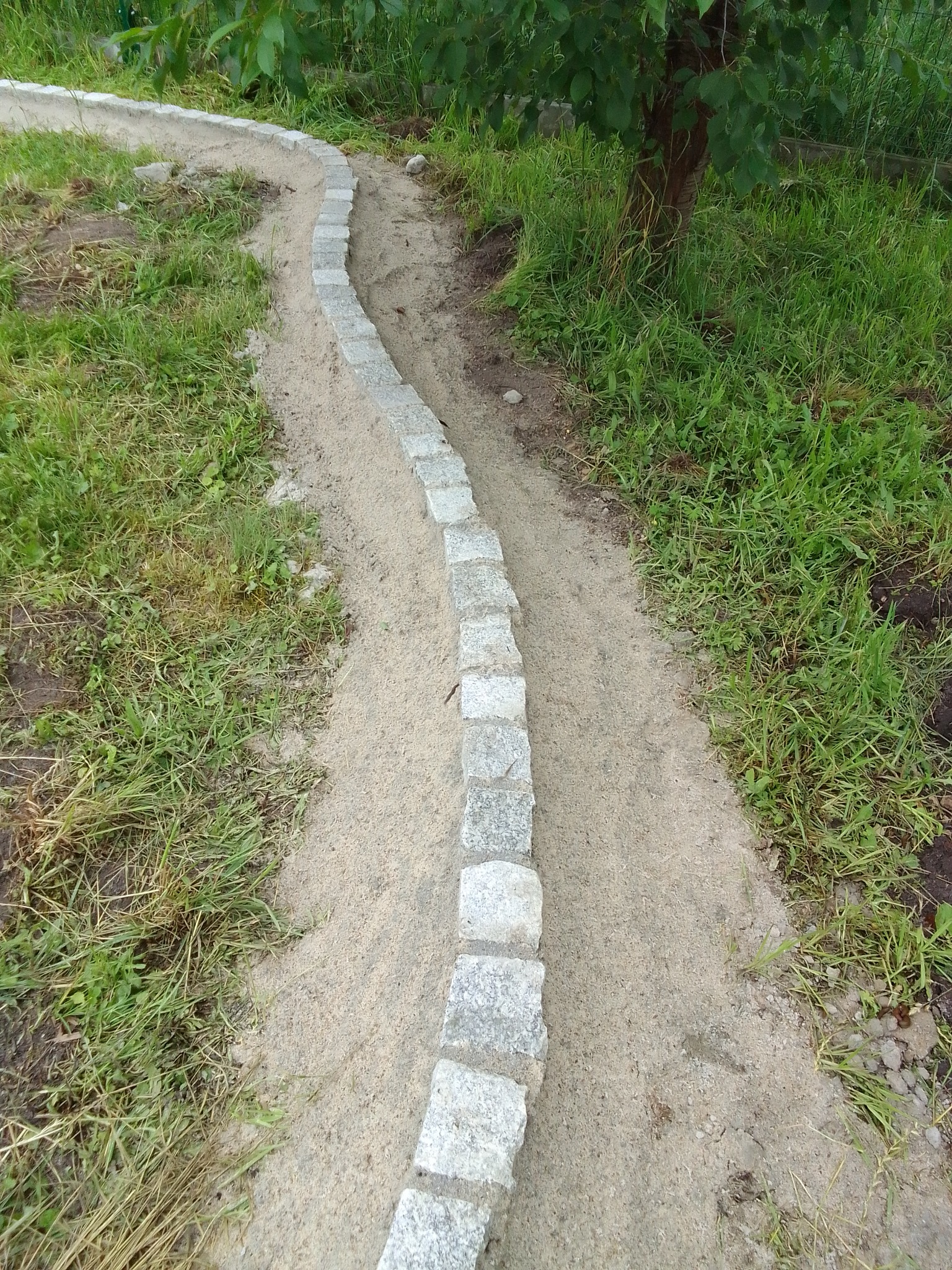 Krawężnik z kostki granitowej oddzielający trawnik od ścieżki z piasku, widok z góry.