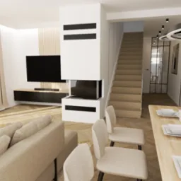 Jasne wnętrze salonu z jadalnią, beżowa sofa, biały kominek z telewizorem, drewniane schody i stół z nakryciem na sześć osób, okrągła lampa wisząca.