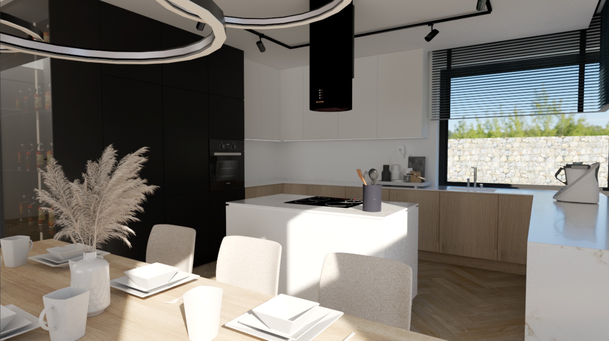 Wizualizacja nowoczesnej kuchni z wyspą, czarnymi szafkami, drewnianym stołem z zastawą i dekoracyjną trawą pampasową.