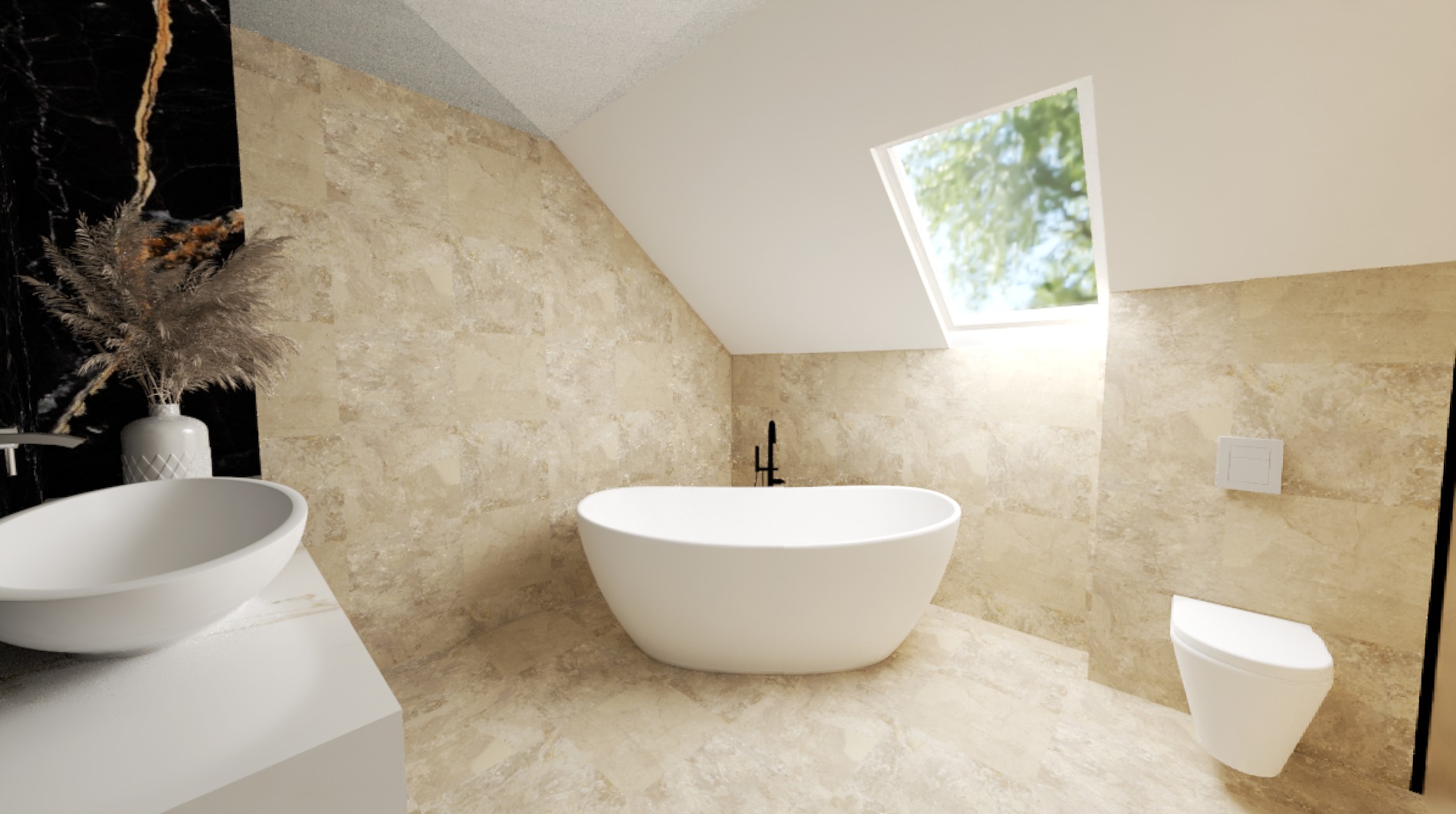 Wizualizacja łazienki z wolnostojącą wanną, umywalką nablatową i toaletą podwieszaną, wykończona beżowym trawertynem oraz czarnym marmurem z złotymi żyłami.