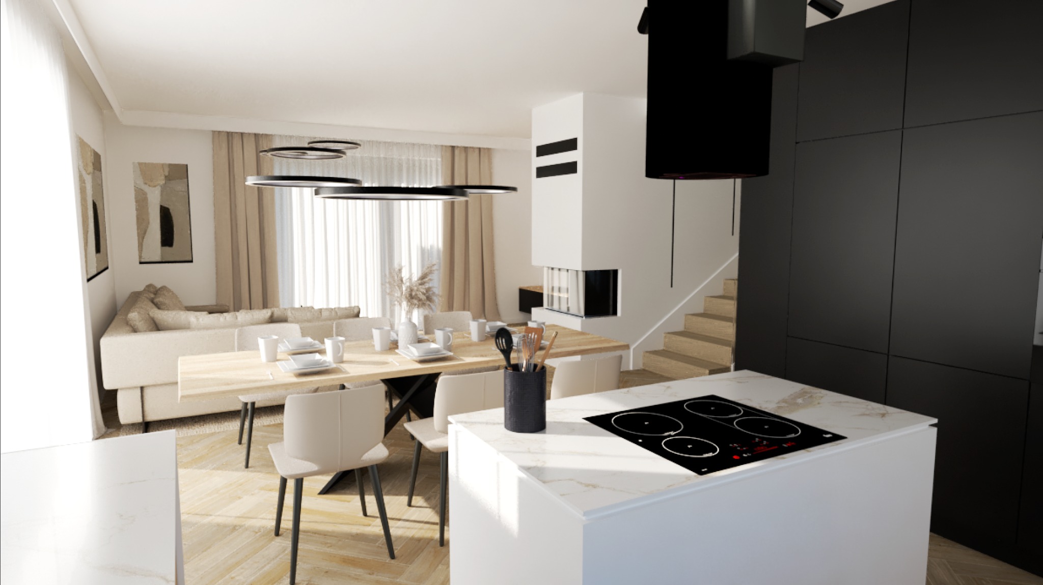 Wnętrze nowoczesnej kuchni z wyspą, stołem jadalnym z krzesłami, salonem w tle i schodami w pobliżu zabudowy kuchennej.