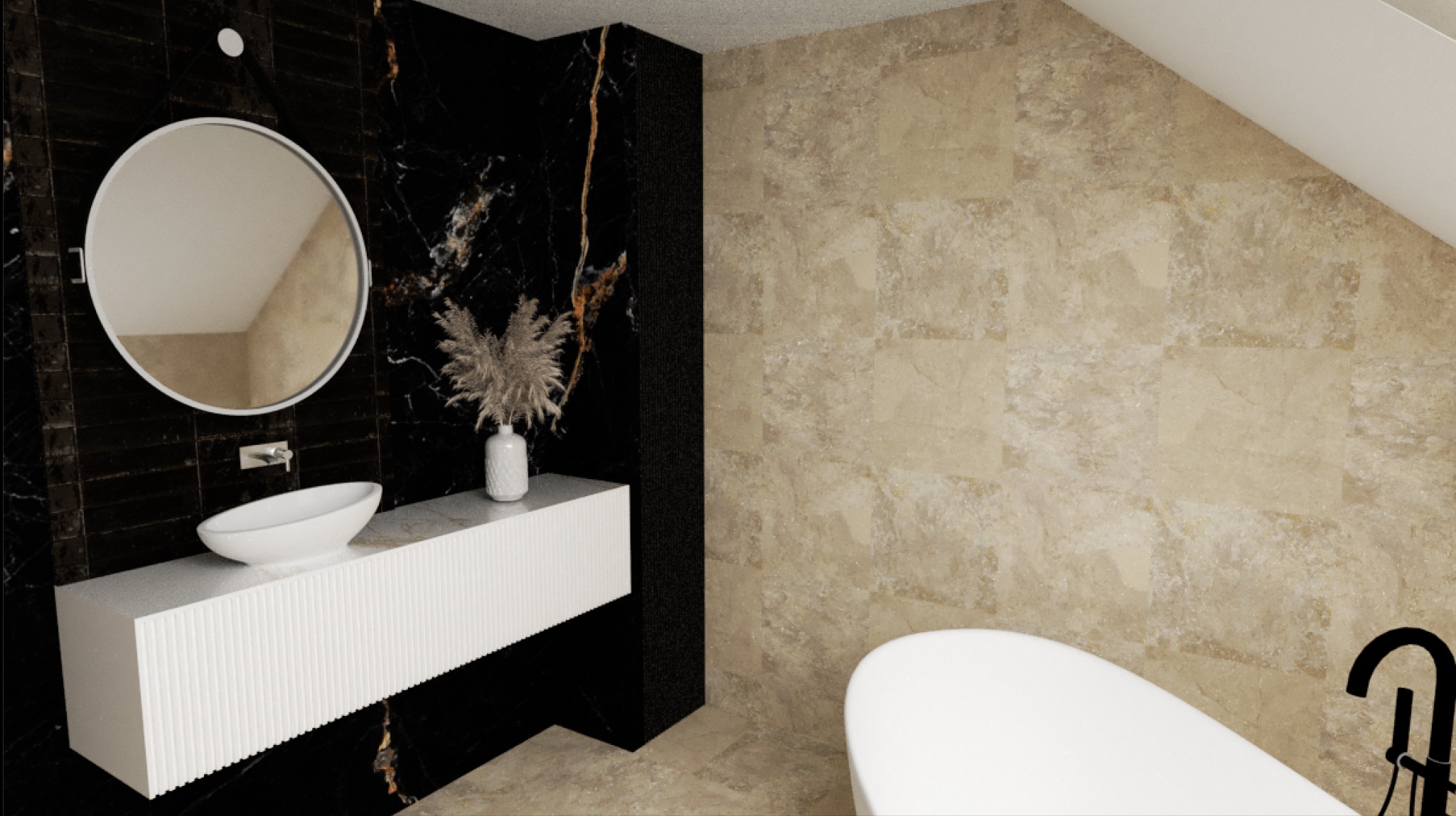 Nowoczesna łazienka z czarnymi marmurowymi ścianami, beżowymi płytkami, białą umywalką nablatową, okrągłym lustrem i wanną wolnostojącą.