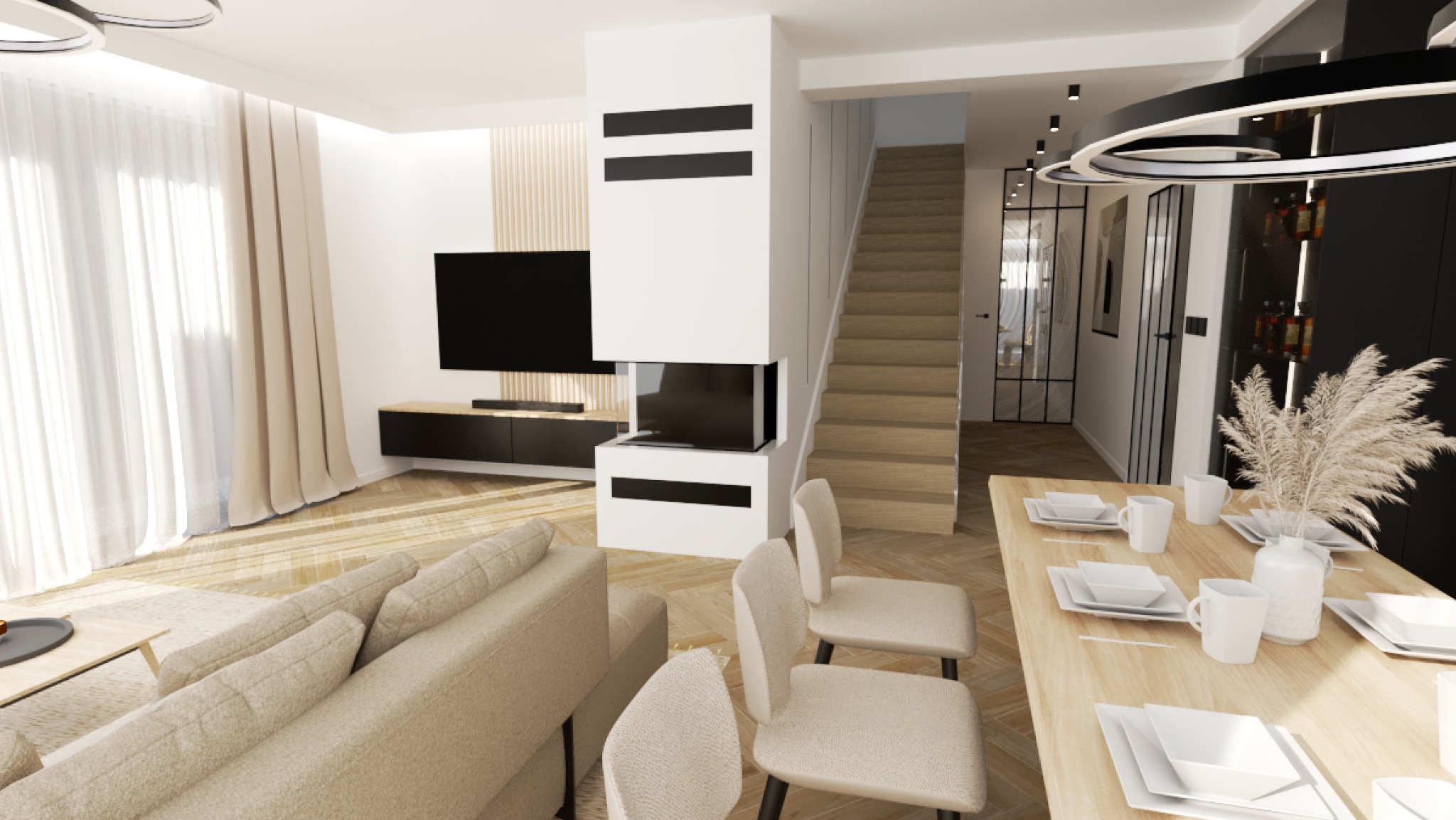 Jasne wnętrze salonu z jadalnią, beżowa sofa, biały kominek z telewizorem, drewniane schody i stół z nakryciem na sześć osób, okrągła lampa wisząca.