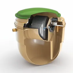 Przekr&oacute;j beżowego zbiornika z zieloną pokrywą, ukazujący wewnętrzny mechanizm oczyszczania ściek&oacute;w z obrotowym filtrem.