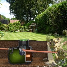 Profi Trax Rafał Jeglorz - Przekrój graficzny przydomowej oczyszczalni ścieków z widokiem na ogród z trawnikiem, altaną i strumieniem.