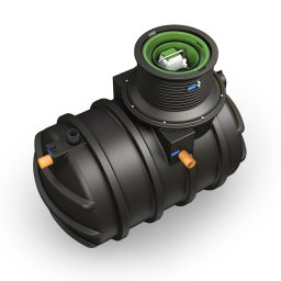 Profi Trax Rafał Jeglorz - Czarny, cylindryczny zbiornik z tworzywa sztucznego z zielonym wnętrzem włazu, widoczny na białym tle, z pomarańczowymi przyłączami i niebieskimi etykietami informacyjnymi.