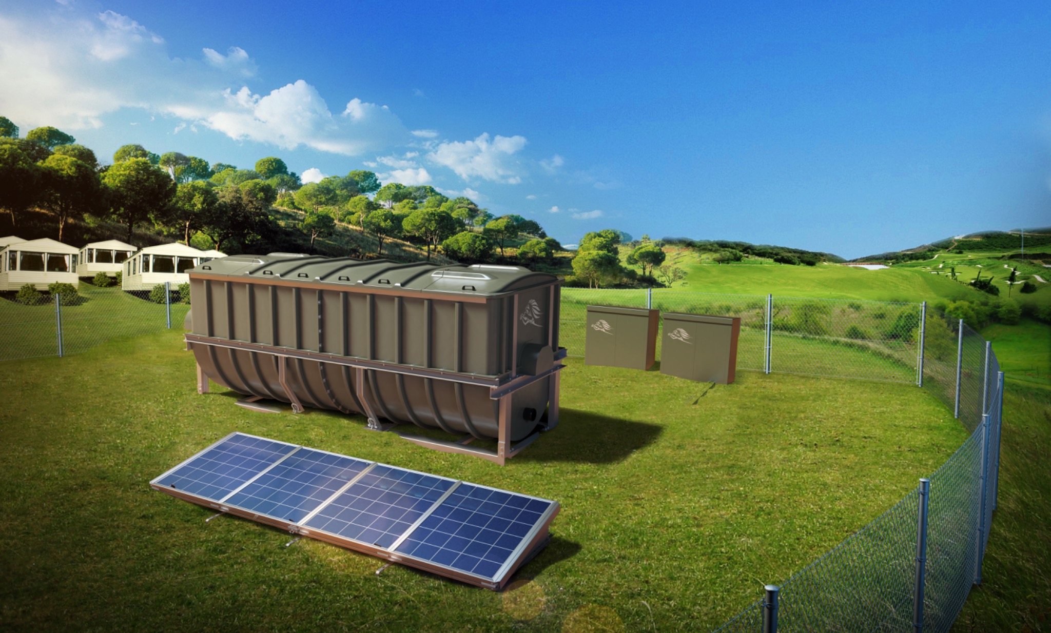 Wizualizacja przydomowej oczyszczalni ścieków z panelem słonecznym na trawniku, widoczne zabudowania w tle i ogrodzenie z siatki.