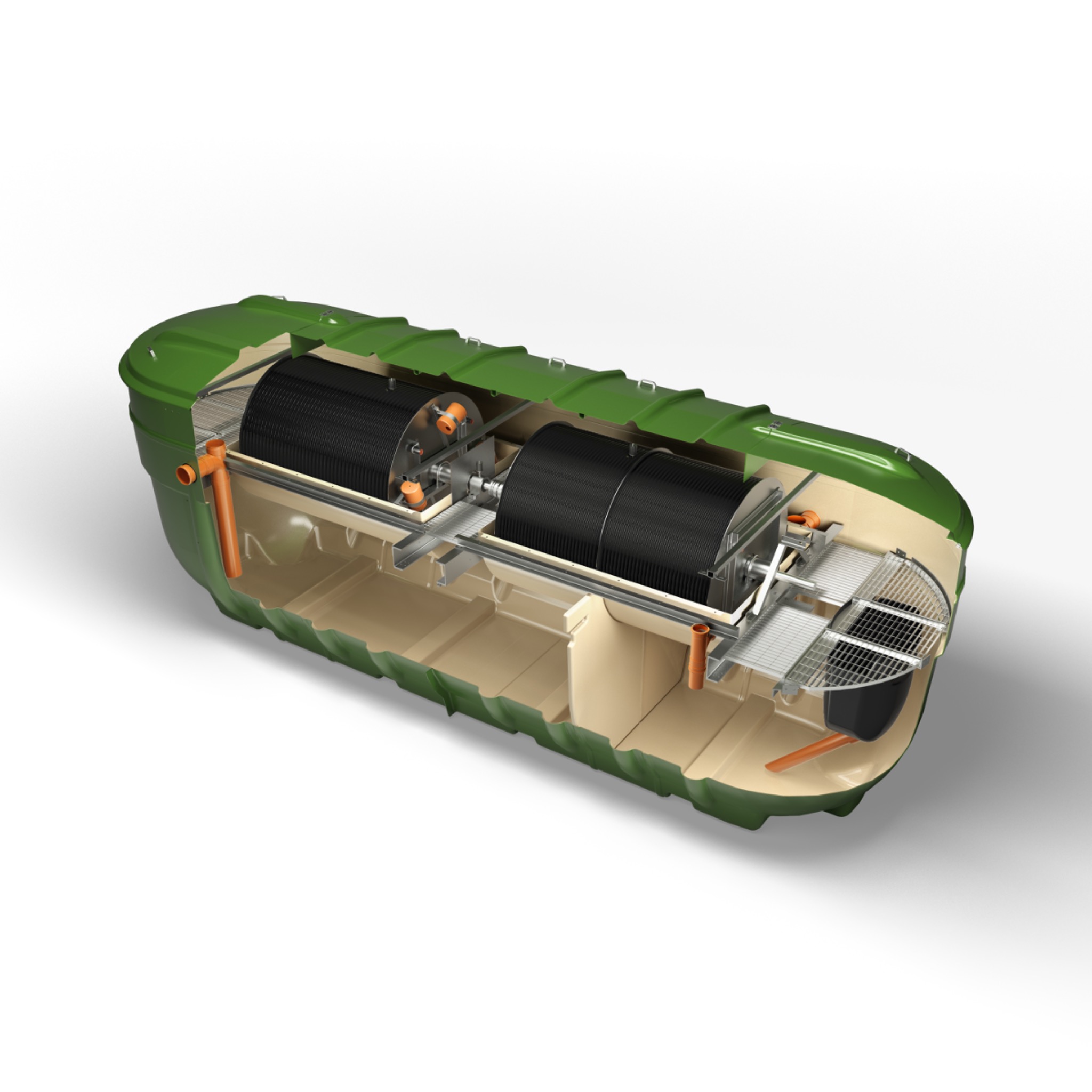 Przekrój ilustrujący wewnętrzną budowę przydomowej oczyszczalni ścieków z dwoma czarnymi bębnami filtracyjnymi, zieloną obudową i beżowym wnętrzem, prezentowany na białym tle.