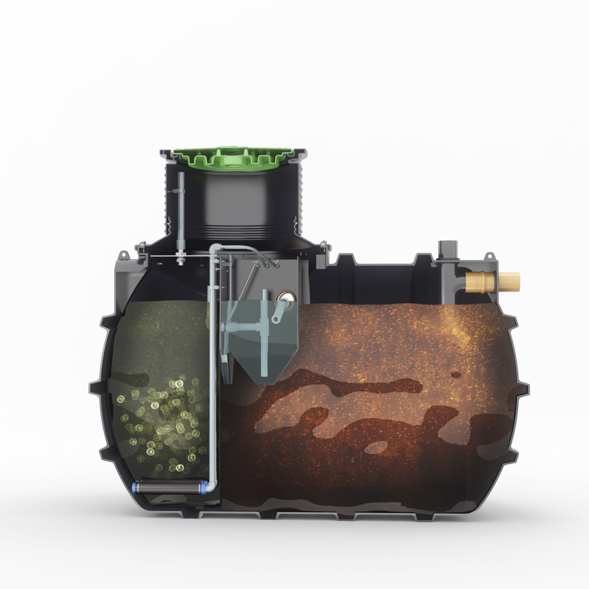 Przekrój przydomowej oczyszczalni ścieków z widocznymi komorami, filtrami i elementami instalacji wewnętrznej, prezentujący działanie systemu.