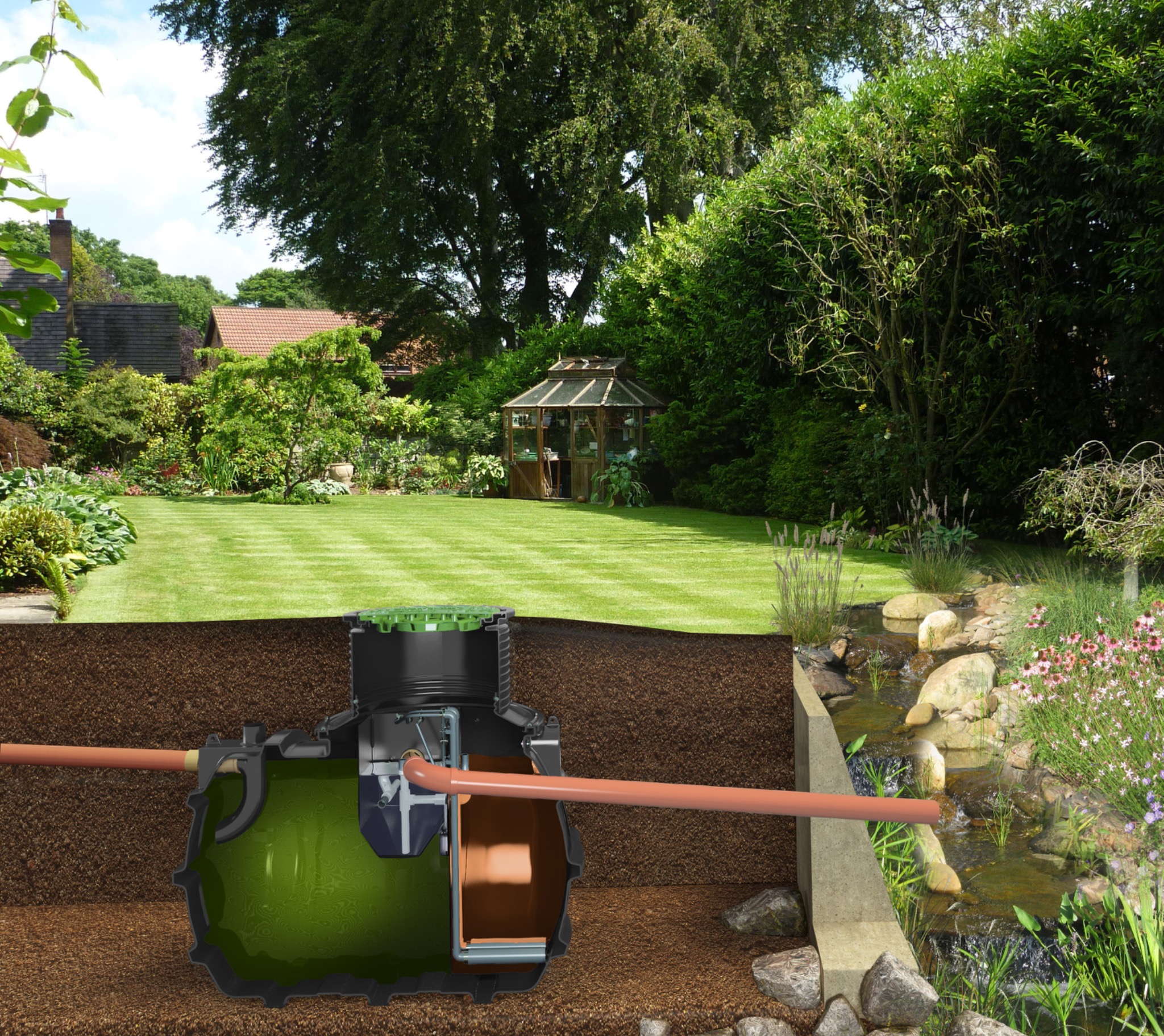 Przekrój graficzny przydomowej oczyszczalni ścieków z widokiem na ogród z trawnikiem, altaną i strumieniem.