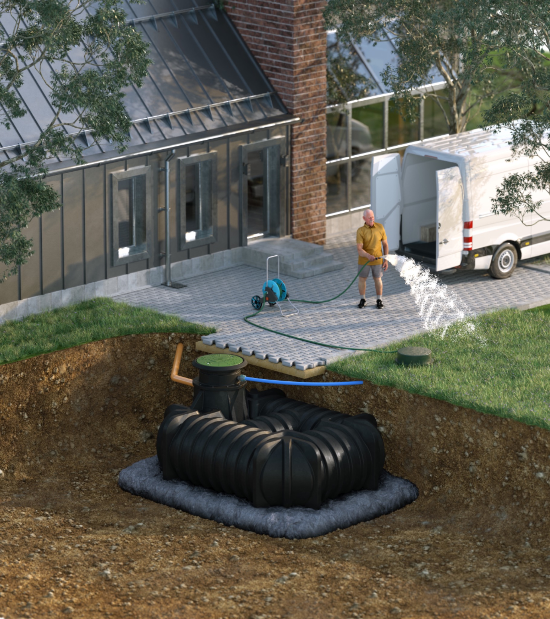 Wizualizacja przekroju ziemi z zainstalowaną przydomową oczyszczalnią ścieków z tworzywa sztucznego, z podłączonymi rurami, na betonowej podsypce, z trawnikiem, podlewającym go mężczyzną z wężem...