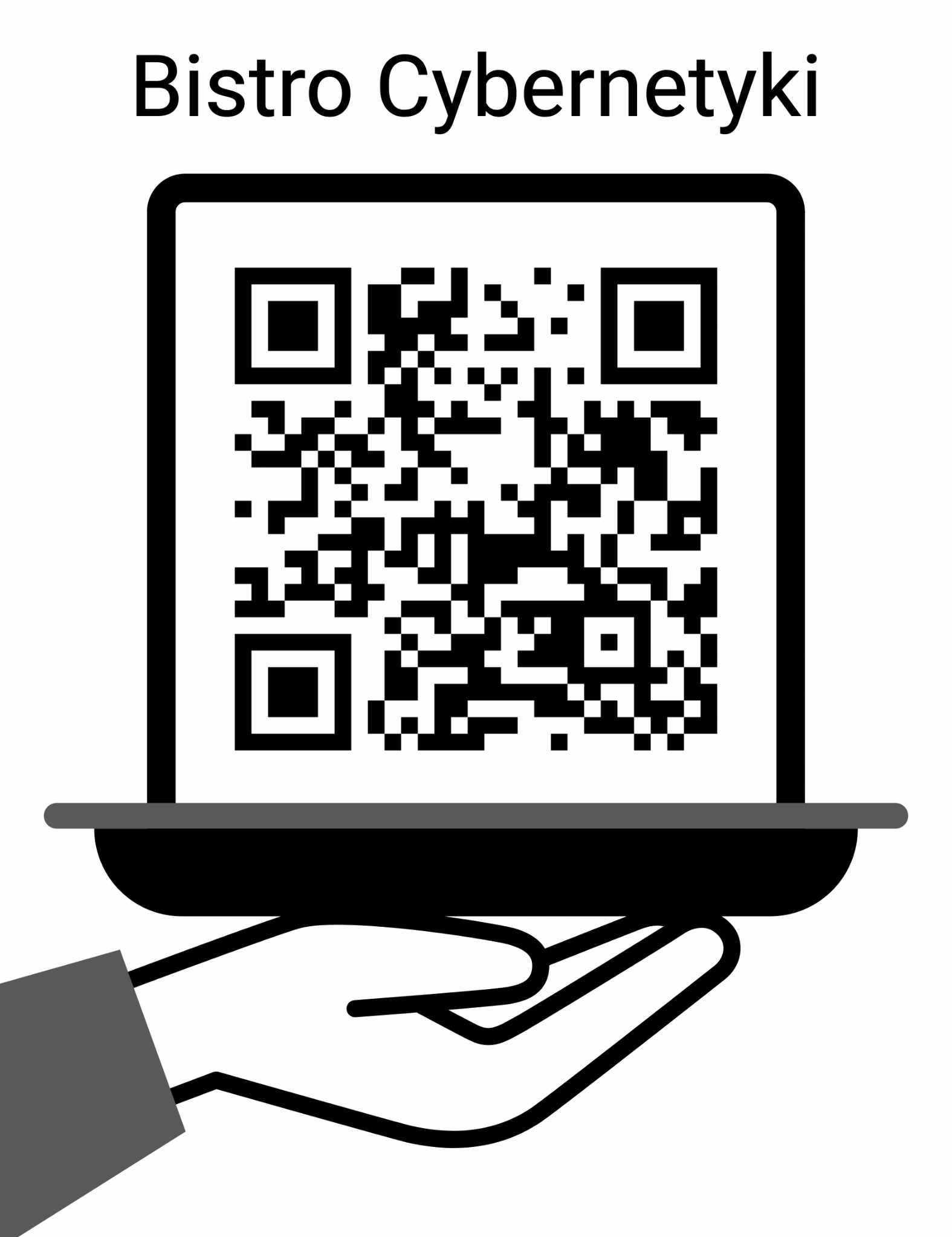 Stylizowany rysunek: QR kod z nazwą 'Bistro Cybernetyki' umieszczony na czarnym ekranie, który jest niesiony przez dłoń w szarym rękawie.
