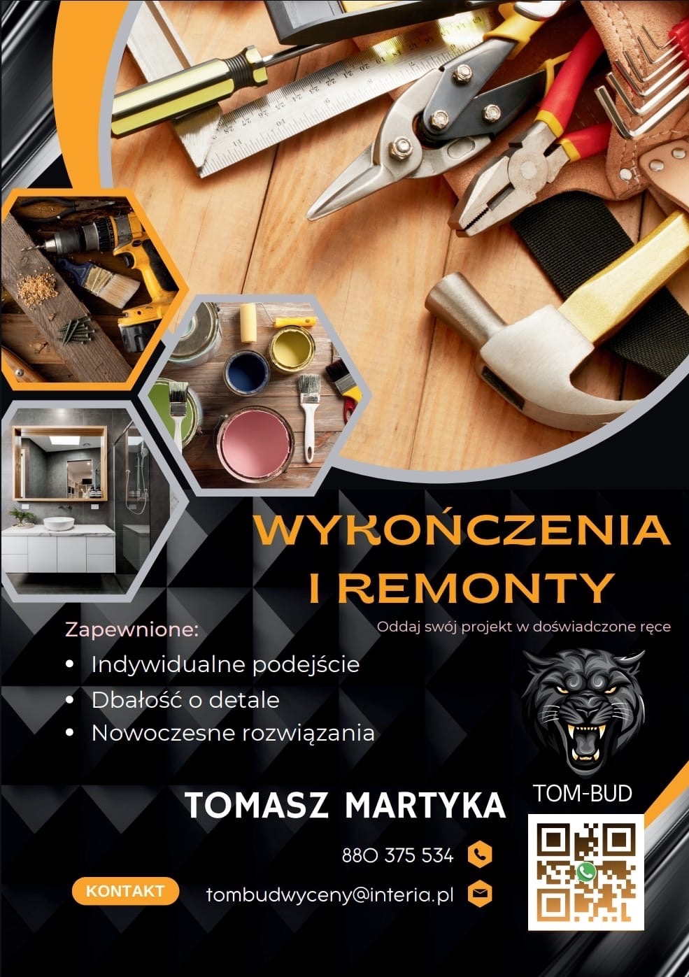 Plakat reklamowy firmy z Krakowa oferującej wykończenia i remonty, prezentujący narzędzia, pędzle, farby oraz wizualizację łazienki z lustrem i umywalką.