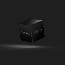 Pixel Wave Studio - Czarny prostopadłościan z logo Pixel Wave Studio, unoszący się nad powierzchnią w minimalistycznym, ciemnym otoczeniu, z subtelnym światłem podkreślającym fakturę pudełka.