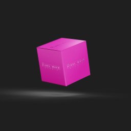 Pixel Wave Studio - Różowe pudełko z logo Pixel Wave Studio unoszące się nad ciemnym tłem z subtelnym cieniem.