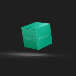 Pixel Wave Studio - Pływające, turkusowe pudełko z logo Pixel Wave Studio na ciemnoszarym tle.