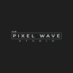 Pixel Wave Studio - Minimalistyczne logo studia 'Pixel Wave' na czarnym tle, z trzema kolorowymi kwadratami (różowy, turkusowy, pomarańczowy) nad nazwą i cienką białą ramką wokół 'PIXEL WAVE'.
