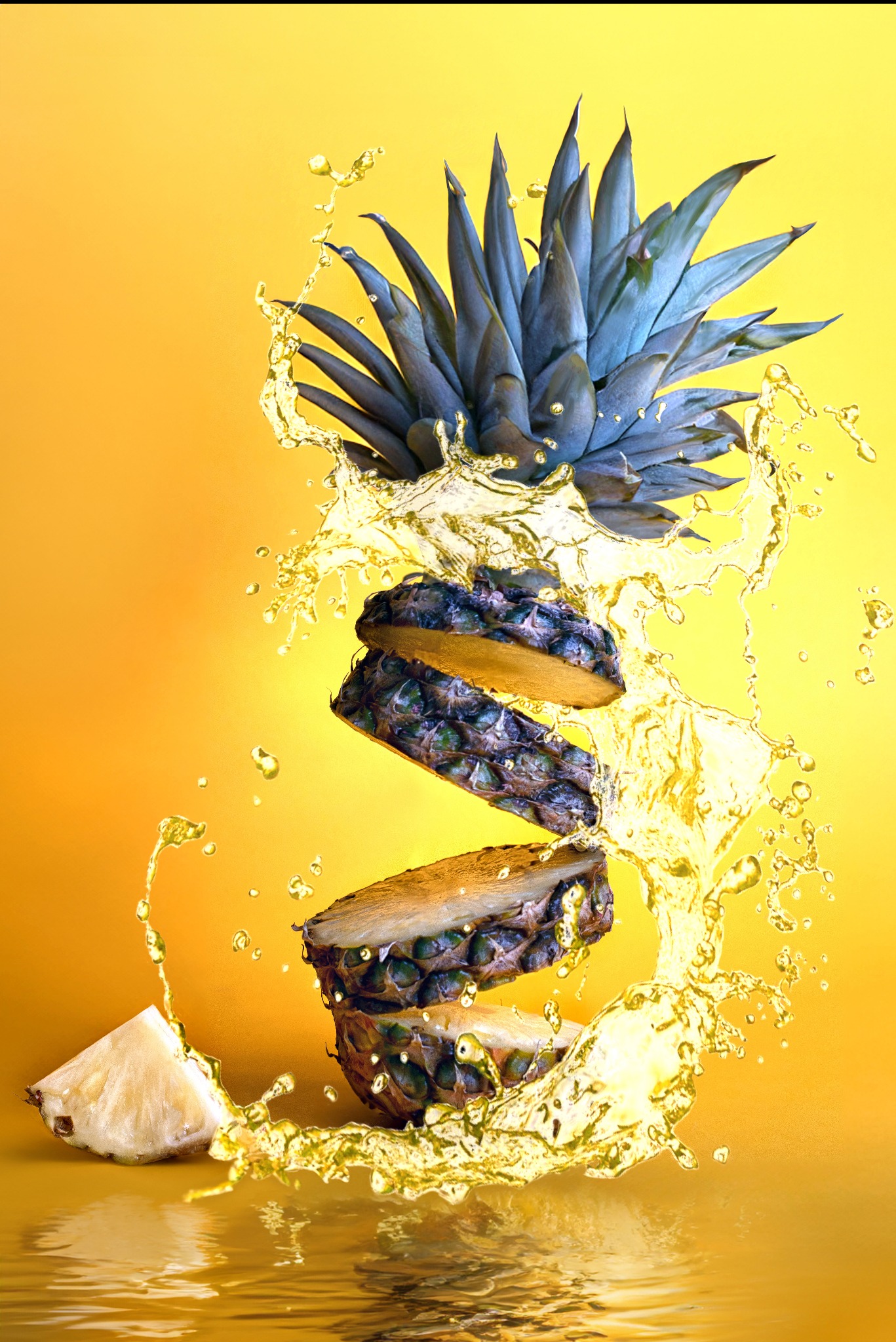 Egzotyczna kompozycja: unoszący się ananas w plastrach, otoczony bryzgami soku na żółtym tle.