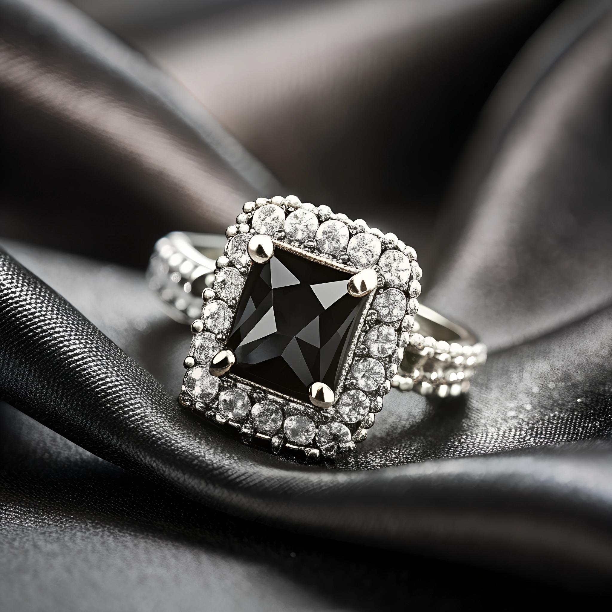 Pierścionek z czarnym, fasetowanym kamieniem kwadratowym otoczonym drobnymi, błyszczącymi kamieniami, leżący na pofałdowanej, ciemnej, satynowej tkaninie.