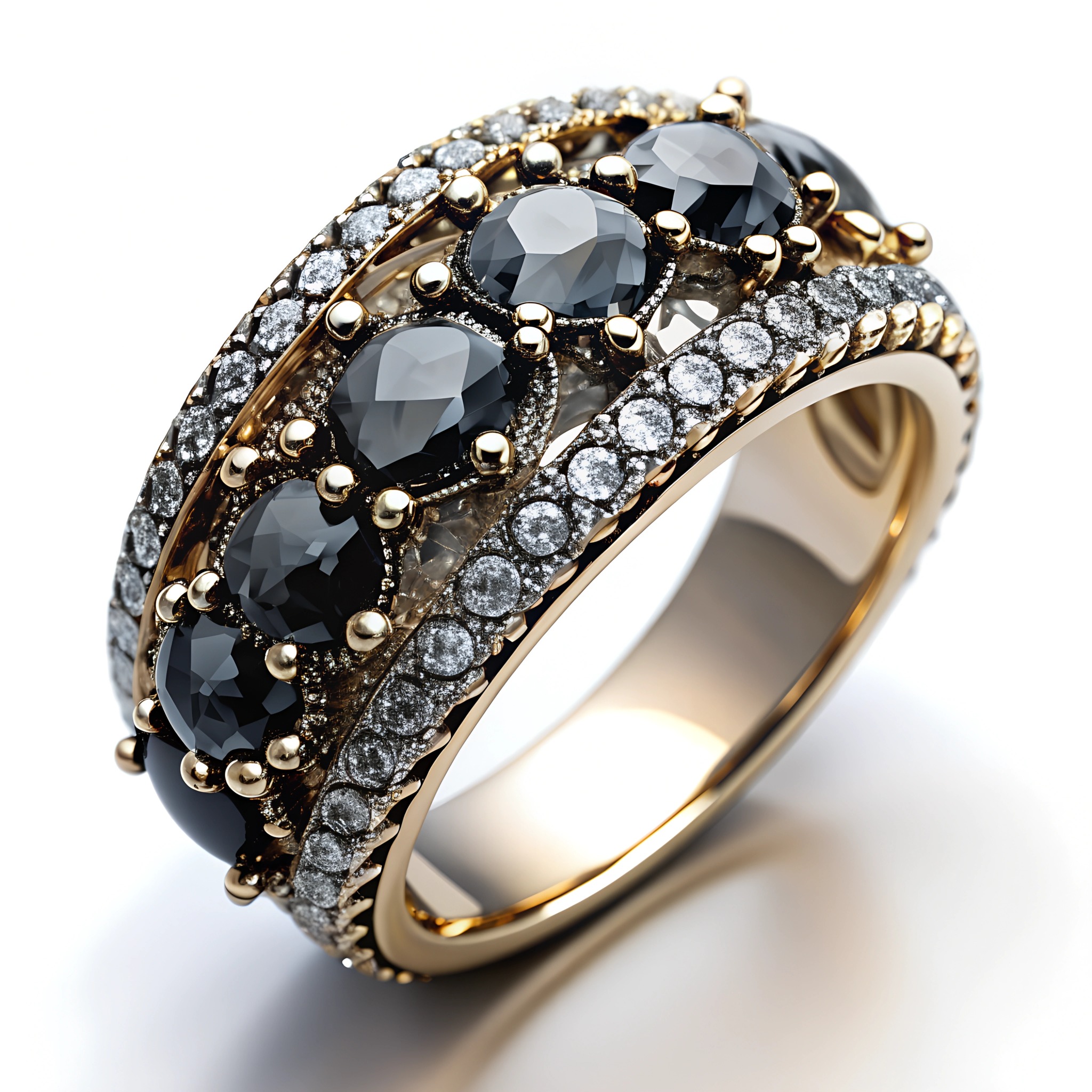 Złoty pierścionek z rzędem czarnych kamieni i otoczką z drobnych, błyszczących kryształków na białym tle.