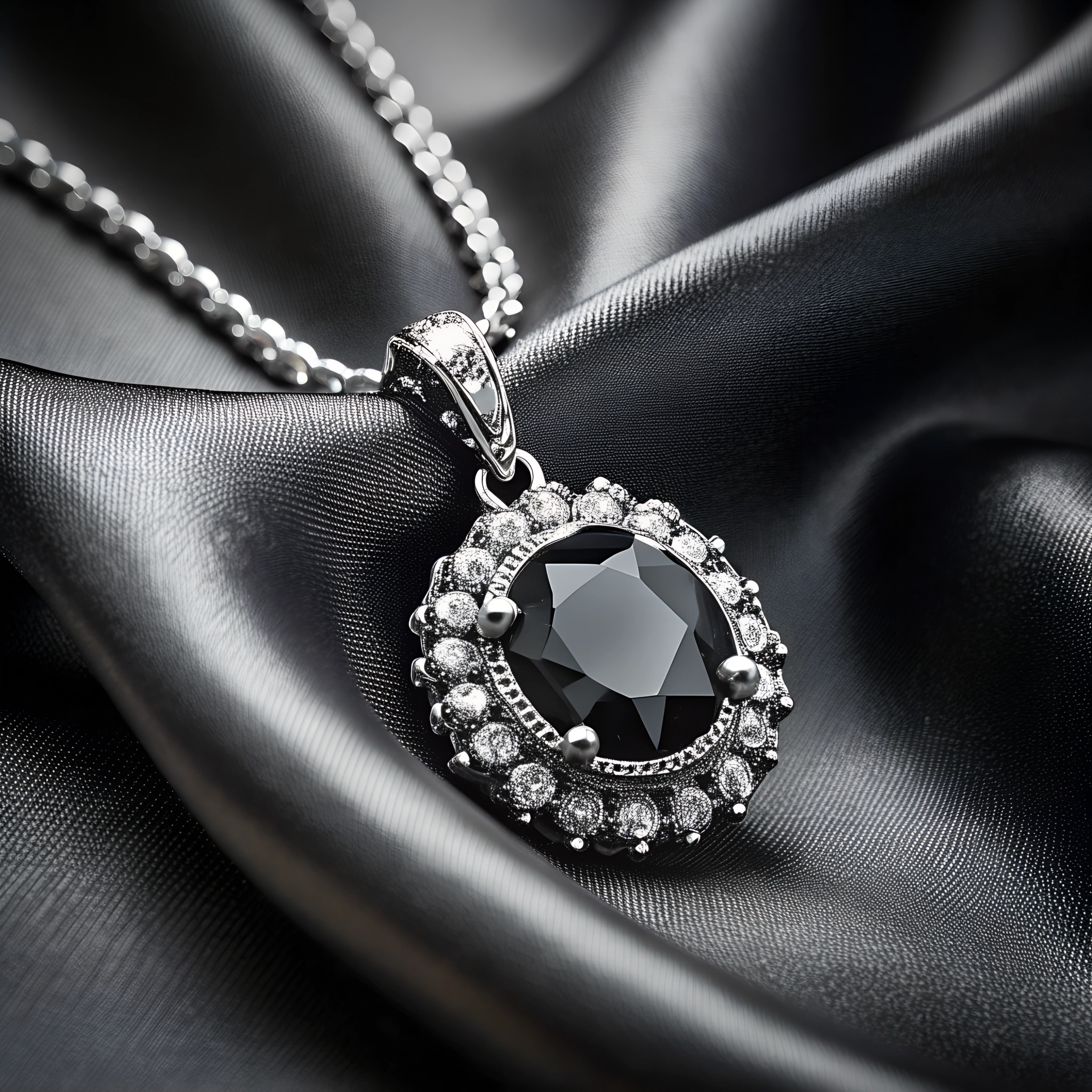 Srebrny naszyjnik z dużym czarnym kamieniem i otoczką z małych kryształków, leżący na pofałdowanej, ciemnej, połyskującej tkaninie.