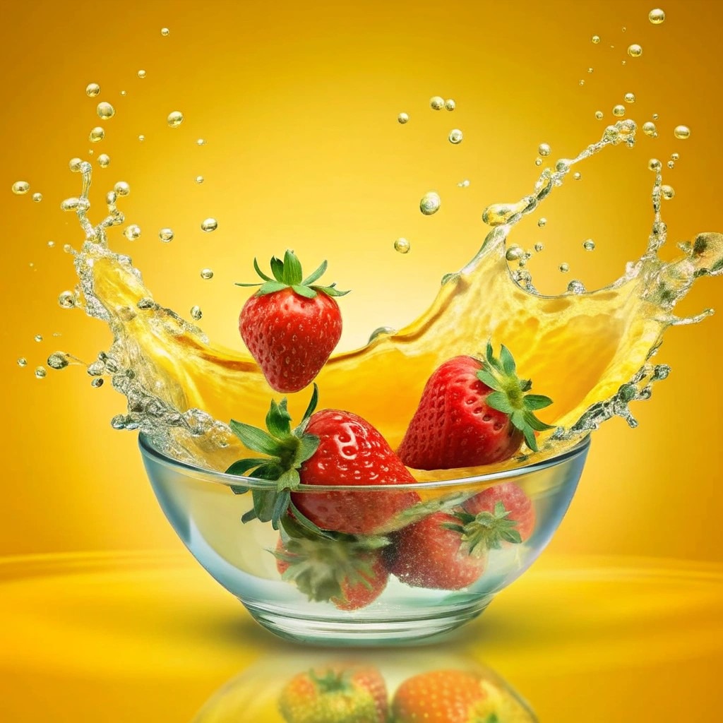 Cztery truskawki w szklanej misce, otoczone rozpryskującym się sokiem na jaskrawożółtym tle.