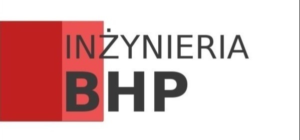 Logo firmy z branży inżynierii BHP, z czerwonym geometrycznym elementem i czarnym napisem 'Inżynieria BHP'.