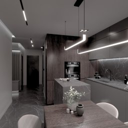 Design Atelier - Wizualizacja nowoczesnej kuchni w odcieniach szarości z marmurowym blatem i oświetleniem LED, widok na wyspę kuchenną i stół jadalny z dekoracyjnym wazonem.
