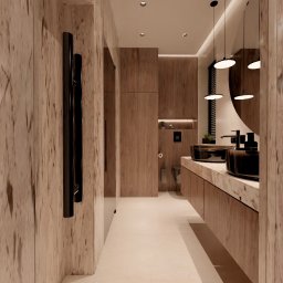 Design Atelier - Wizualizacja łazienki z drewnianymi panelami ściennymi, czarnymi grzejnikami drabinkowymi, blatem z marmuru i okrągłymi umywalkami w kolorze czarnym, oświetlona wiszącymi lampami.