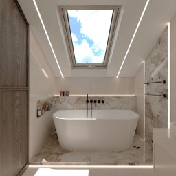 Design Atelier - Nowoczesna łazienka na poddaszu z wolnostojącą wanną, marmurową okładziną i oknem dachowym wpuszczającym naturalne światło. Minimalistyczny design z oświetleniem LED.