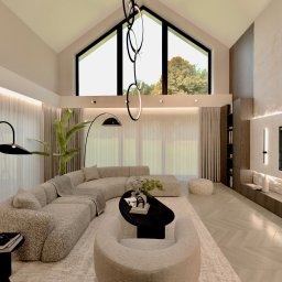 Design Atelier - Jasne wnętrze salonu z narożną sofą boucle, czarnym stolikiem kawowym i dużym oknem. Minimalistyczny design z akcentami drewna i kamienia. Nowoczesne oświetlenie.