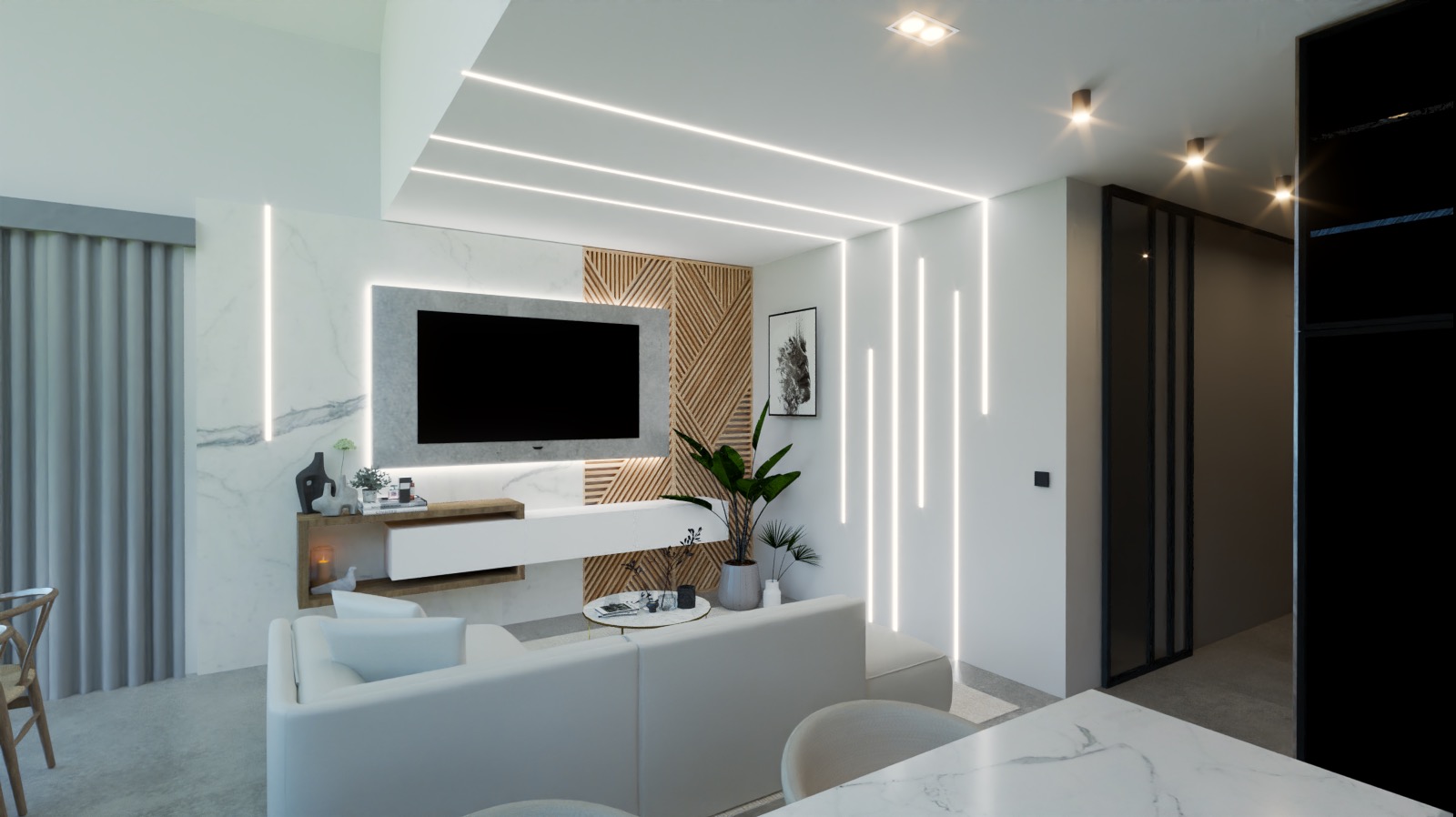 Nowoczesny salon z białymi meblami, podświetlanym sufitem i ścianami, telewizorem na ścianie z drewnianymi panelami i roślinami doniczkowymi.