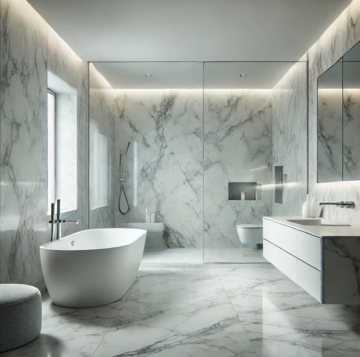 Minimalistyczna łazienka z marmurowymi ścianami i podłogą, wolnostojąca wanna, przeszklona kabina prysznicowa, biała szafka pod umywalką i szary puf.