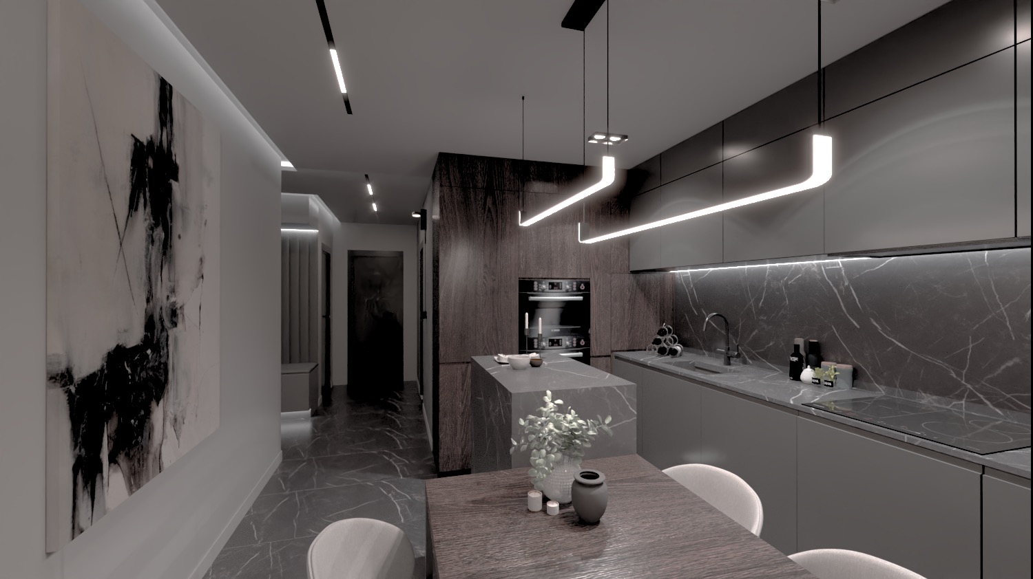 Wizualizacja nowoczesnej kuchni w odcieniach szarości z marmurowym blatem i oświetleniem LED, widok na wyspę kuchenną i stół jadalny z dekoracyjnym wazonem.