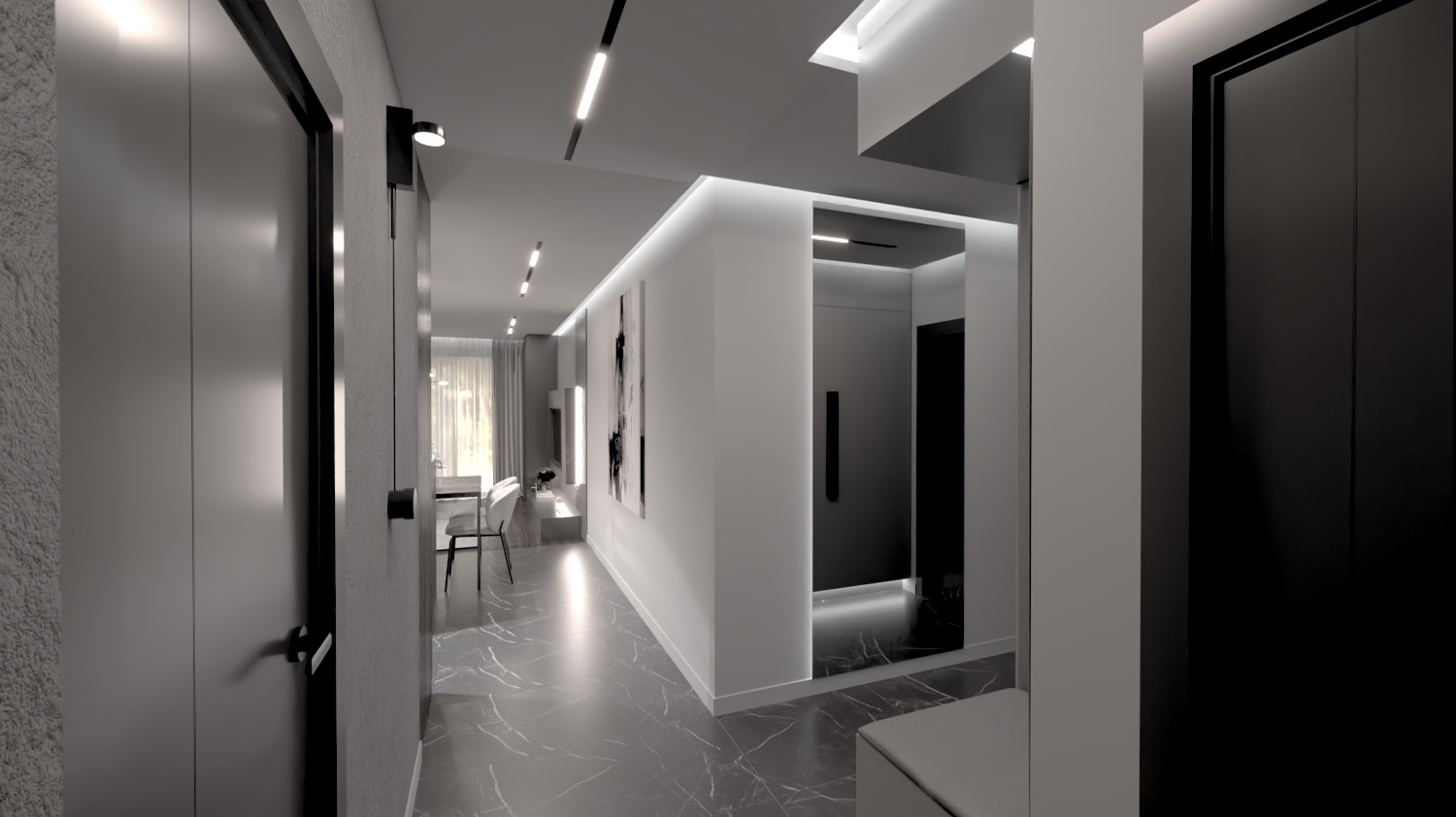 Nowoczesne wnętrze mieszkania w odcieniach szarości z marmurową podłogą, oświetleniem LED i minimalistycznymi drzwiami.