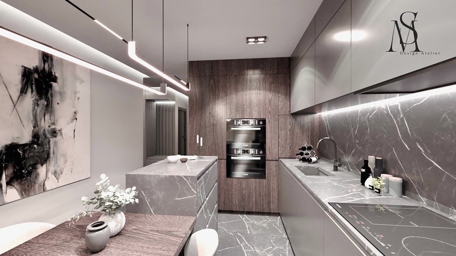 Wizualizacja nowoczesnej kuchni z marmurowymi blatami, drewnianymi frontami szafek i oświetleniem LED, uzupełniona abstrakcyjnym obrazem na ścianie i dekoracyjnymi wazonami na stole.