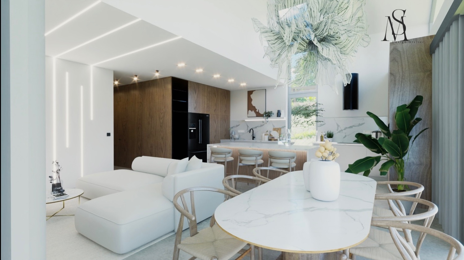 Wizualizacja przestronnego, jasnego salonu z aneksem kuchennym, biała sofa narożna, marmurowy stół jadalny z drewnianymi krzesłami, wyspa kuchenna z hokerami, drewniane szafki kuchenne, dekoracyjna...