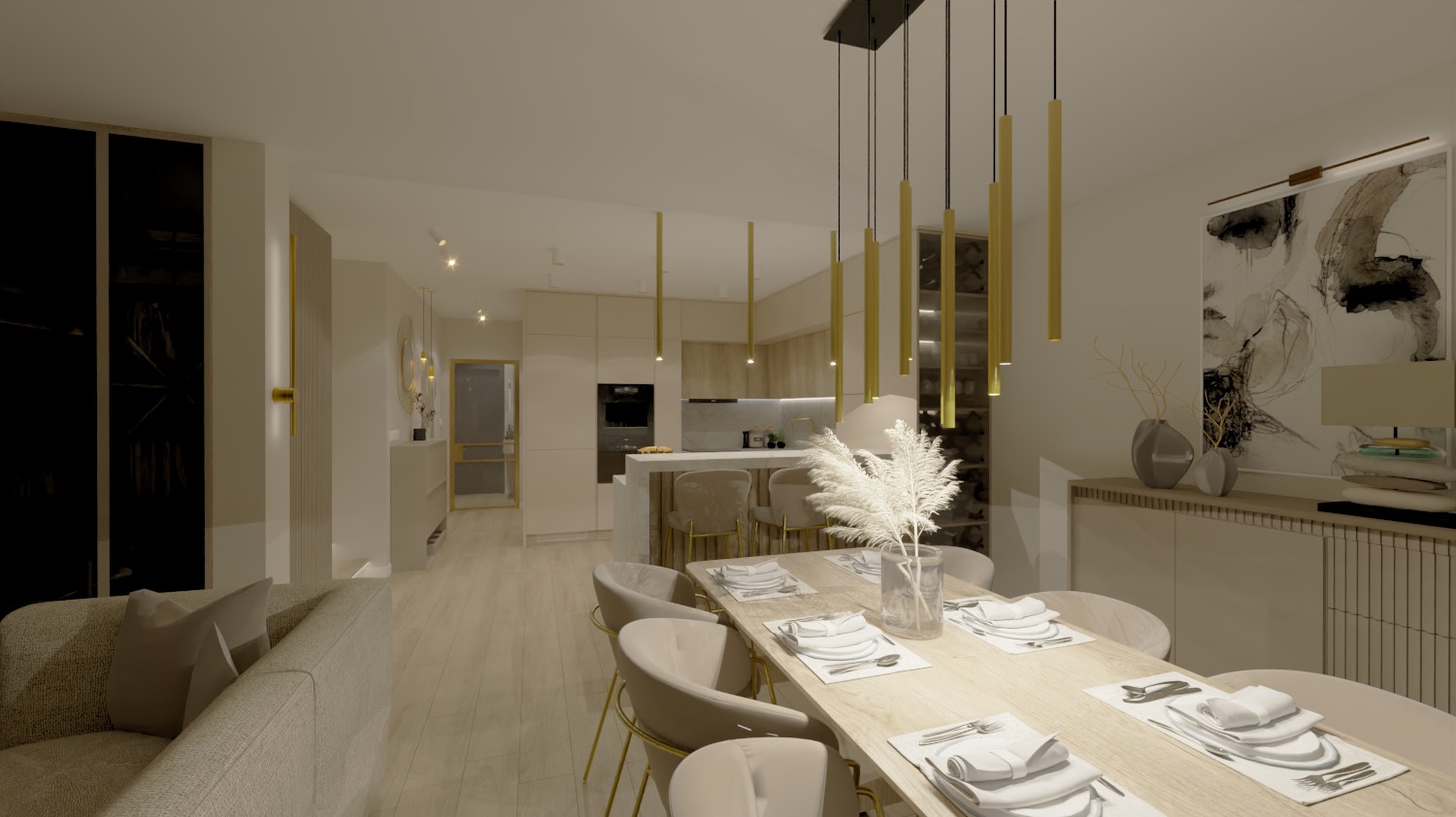 Wnętrze przestronnego mieszkania w jasnych barwach: jadalnia z drewnianym stołem i krzesłami, otwarta kuchnia z wyspą, minimalistyczne oświetlenie wiszące, abstrakcyjny obraz na ścianie.