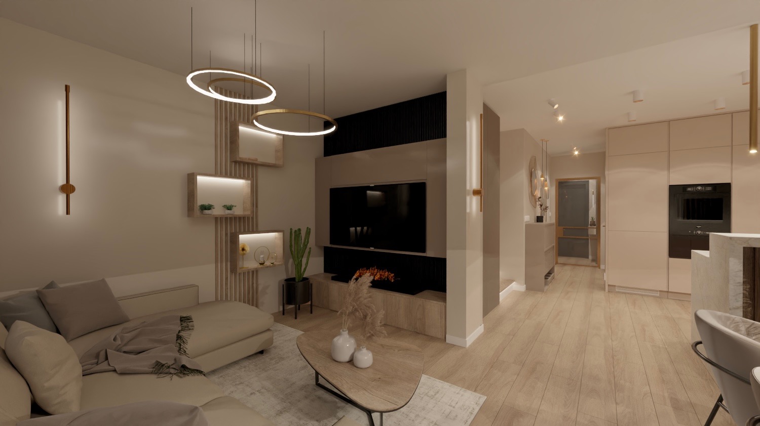 Wizualizacja wnętrza: salon z beżową sofą, drewnianym stolikiem kawowym i telewizorem na ścianie z dekoracyjnymi lamelami, otwarta kuchnia w tle, oświetlenie punktowe i wiszące lampy.