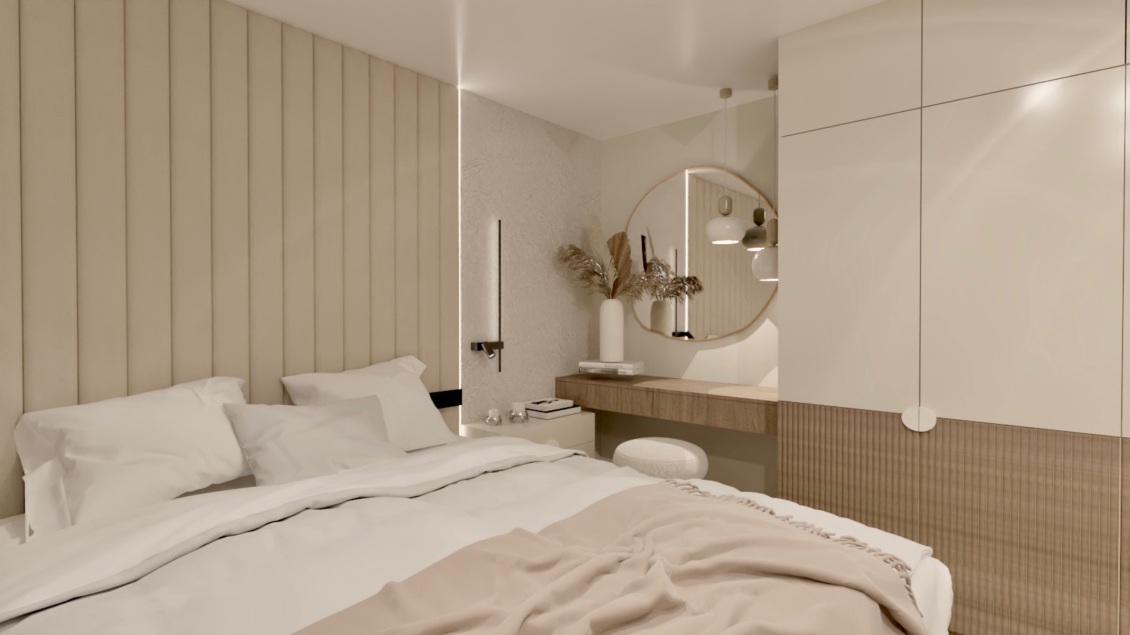Nowoczesna sypialnia w beżowych tonacjach z tapicerowanym panelem ściennym, okrągłym lustrem nad toaletką i minimalistycznym oświetleniem punktowym.
