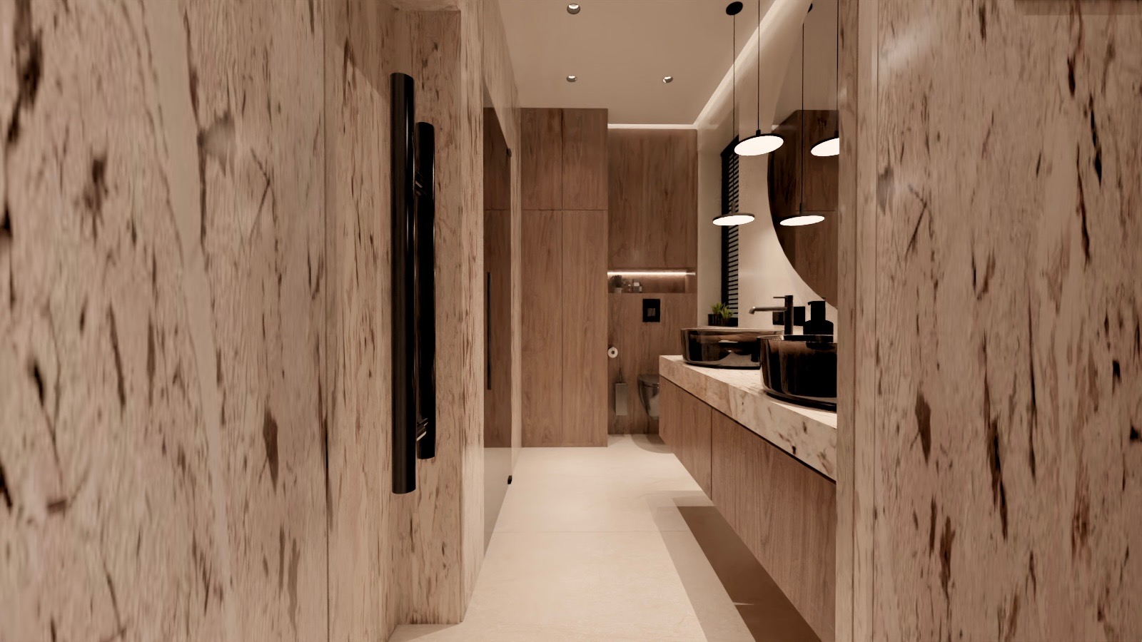 Wizualizacja łazienki z drewnianymi panelami ściennymi, czarnymi grzejnikami drabinkowymi, blatem z marmuru i okrągłymi umywalkami w kolorze czarnym, oświetlona wiszącymi lampami.