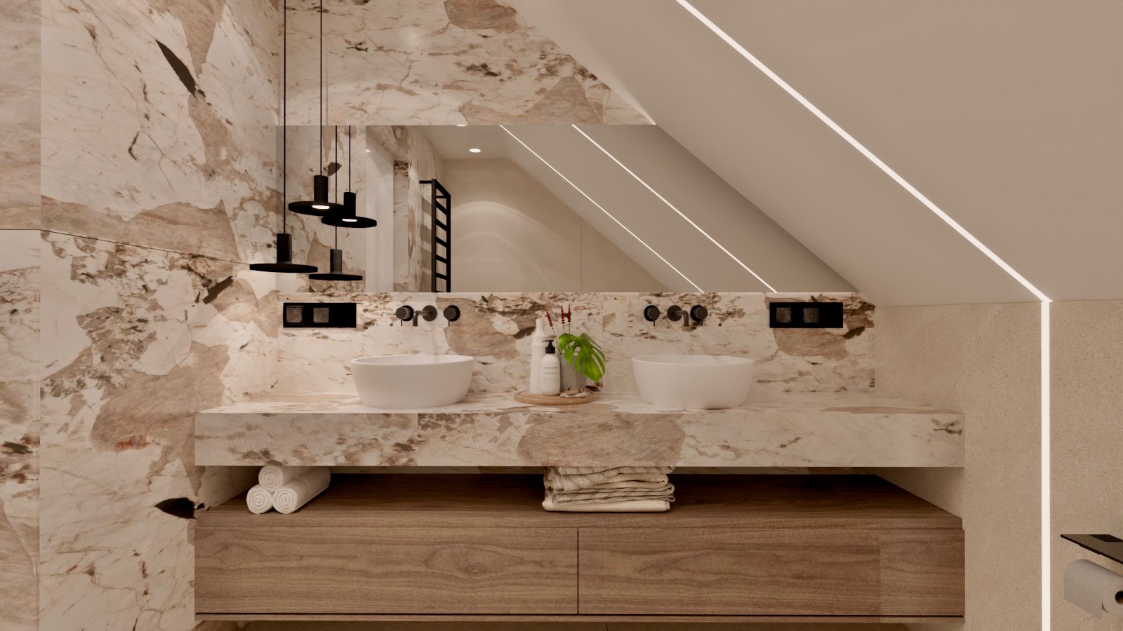 Nowoczesna łazienka na poddaszu z marmurowymi ścianami i blatem, dwie białe umywalki nablatowe, czarne baterie, minimalistyczne oświetlenie wiszące i drewniana szafka pod umywalką.