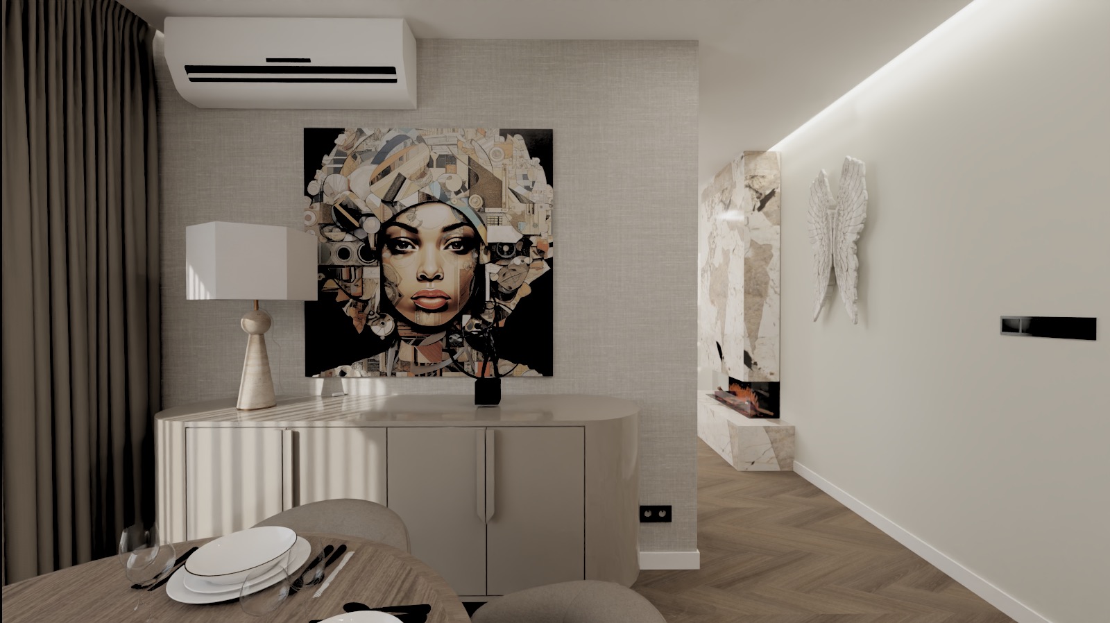 Nowoczesne wnętrze z obrazem kobiety w turbanie, beżowa komoda, lampa stołowa, nakryty stół jadalny, dekoracyjny kominek z marmuru i skrzydła anioła na ścianie.