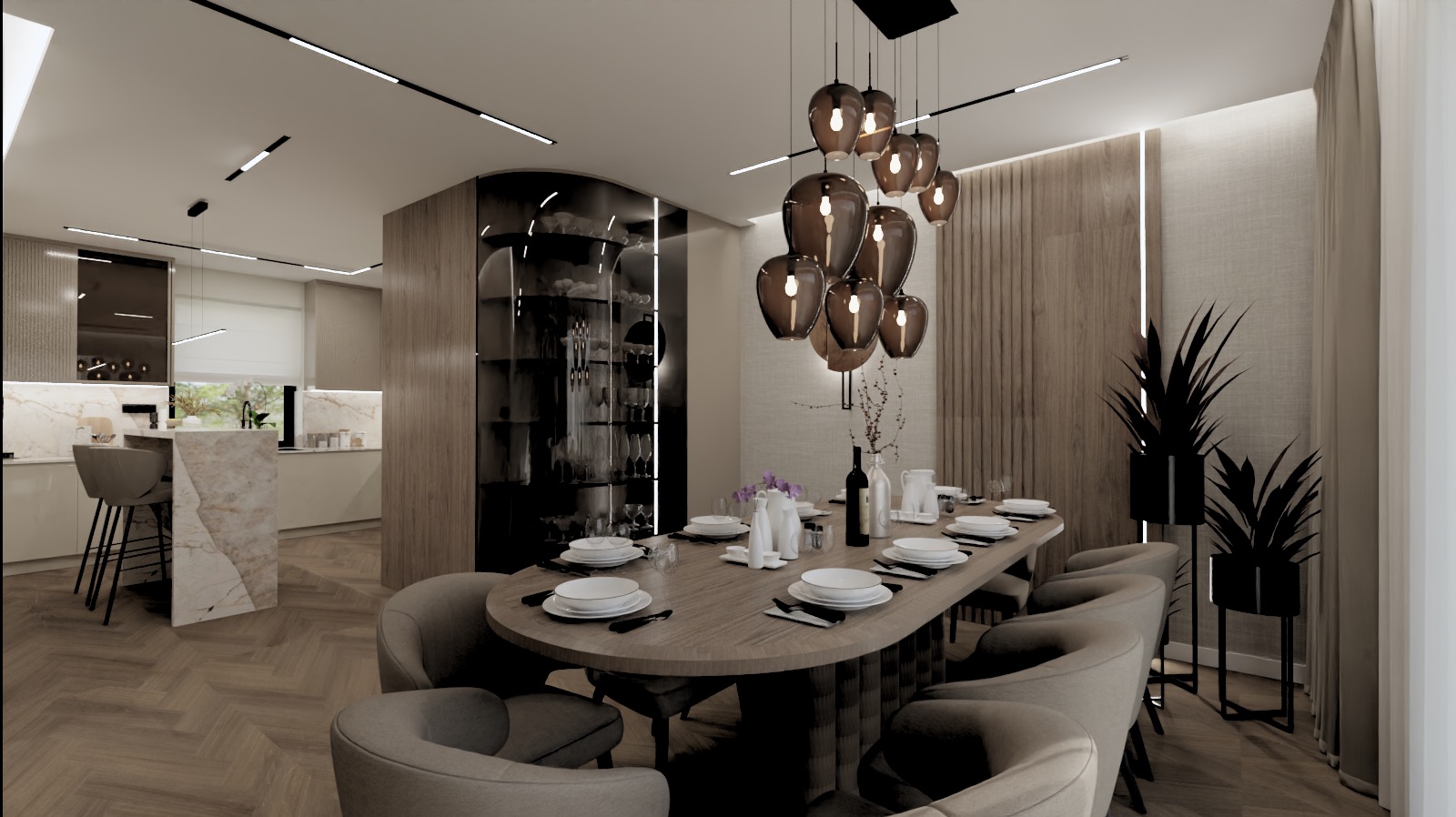 Nowoczesna jadalnia z podłużnym stołem z nakryciem, szarymi krzesłami, designerską lampą wiszącą i zabudowaną witryną na wino w tle.