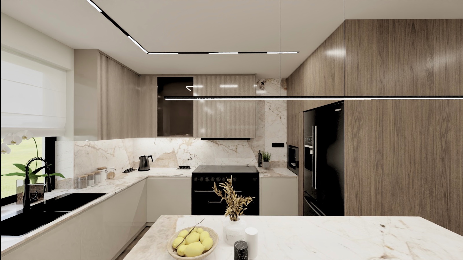 Wizualizacja nowoczesnej kuchni z marmurowym blatem, czarnym piekarnikiem i lodówką, oświetleniem LED i dekoracyjnymi elementami jak owoce w misce i kwiaty w wazonie.