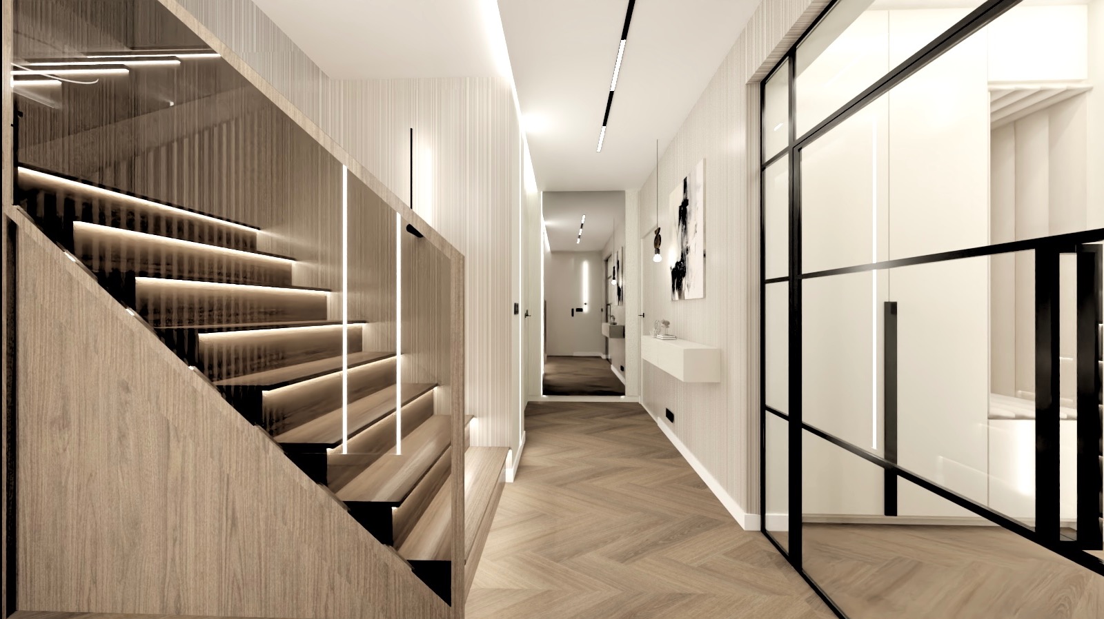 Nowoczesny przedpokój z drewnianymi schodami podświetlonymi ledami, parkiet ułożony w jodełkę, przeszklona ściana z czarnymi profilami i minimalistyczna konsola ścienna.