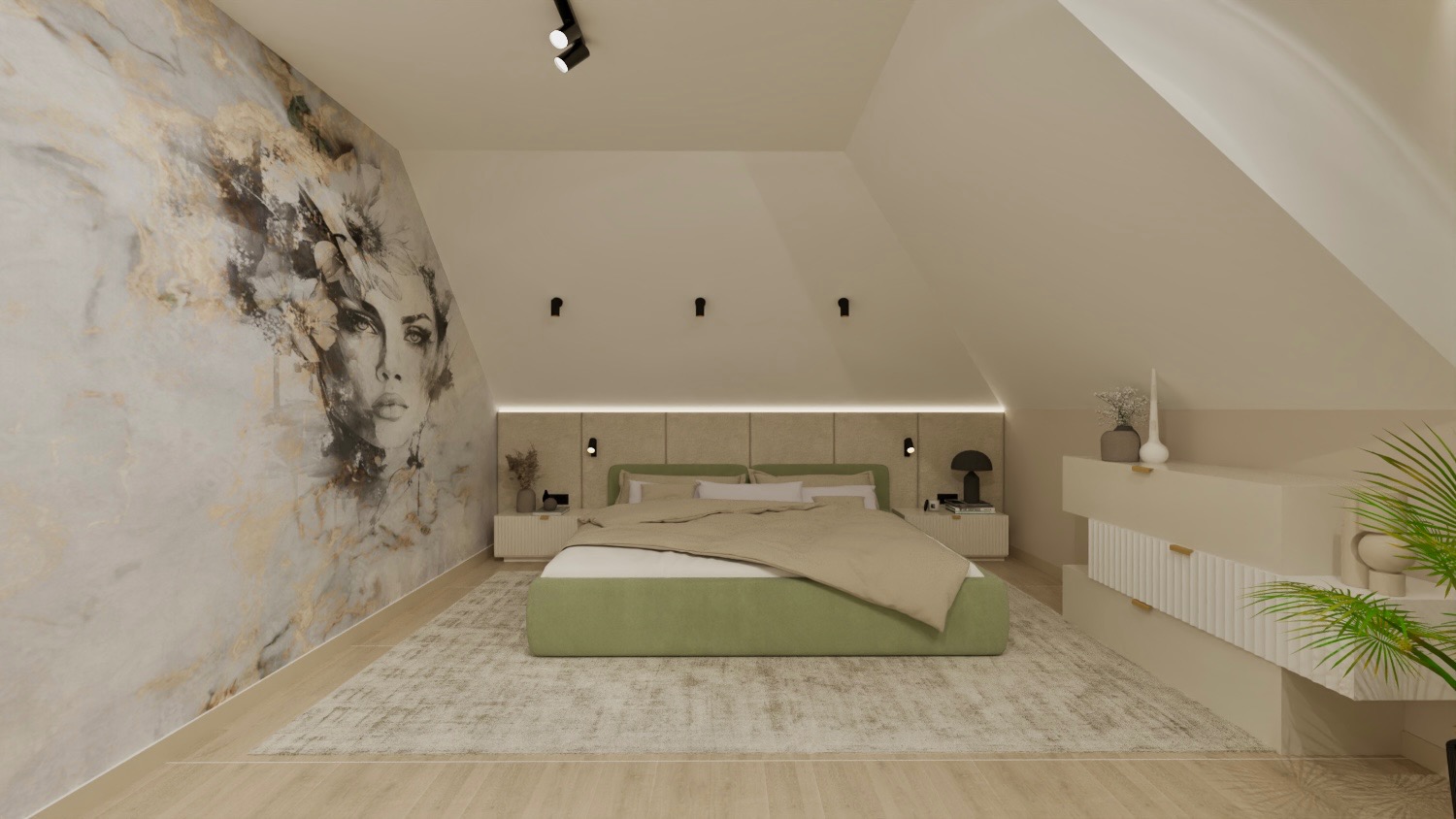 Jasna sypialnia na poddaszu z łóżkiem, szafkami nocnymi i marmurową tapetą z motywem twarzy. Oświetlenie punktowe i minimalistyczne dekoracje.