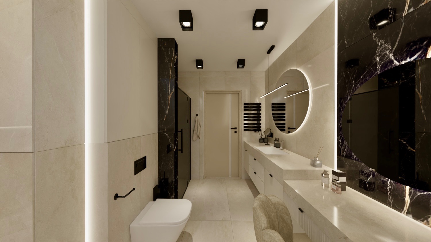 Elegancka łazienka z marmurowymi akcentami, okrągłym lustrem z podświetleniem LED i minimalistyczną toaletą. Nowoczesny design z czarnymi detalami i beżową kolorystyką.